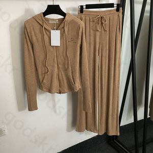 Slim Hooded Zipper Jacket Pants Women Embroidery Knit Cardigan Casual Wide Leg Pants Thin Coat