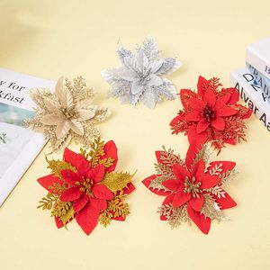 14cm simulação cabeças de flor de seda árvore de natal festa de casamento decoração diy tecido plástico artificial ouro vermelho prata coroa com fio de ferro casa suprimentos festivos