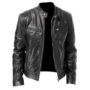 Men's Leather Faux Leather PU Jacket Men Fashion Leather Jacket Slim Fit Stand Collar Male Anti-wind Motorcycle Lapel Diagonal Zipper Men Coat 231019