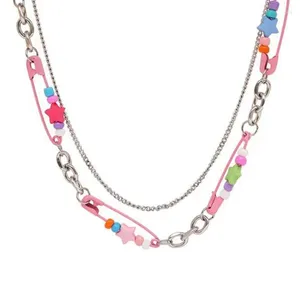 Chains Double Layer Beaded Necklace Fashionable Splicing Candy Colored Chokers F19D