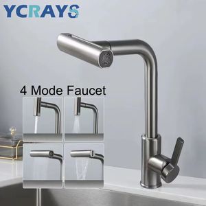 Mutfak Muslukları Ycrays 4 Mod Siyah Musluk Gri Çekin Şelale Akışı Püskürtücü Baş Lavabo Mikser Fırçalanmış Nickle Su Musluk Aksesuarları 231019