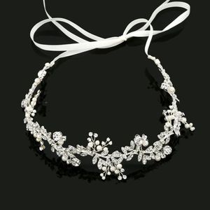 SLBRIDAL Handmade Ribbon Alloy Wired Rhinestones Crystals Pearls Flower Leaf Wedding Headband Bridal Hair Vine Hair Accessories W0257L