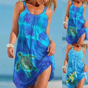 Casual Dresses Dress Set Women Cartoon Sea Turtle Printed Beach Sleeveless Short Tank Bohemian Ropa Mujer Verano 2021329R