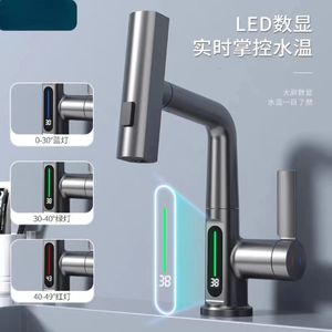 Kitchen Faucets Rotating Pulling Lifting Digital Display Faucet Bathroom Smart Temp Tap 5sprayer Water Saving cold Washbasin Faucet360 231019