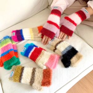 Girls Colorful Stripe Gloves Autumn And Winter Thickened Plush Warm Gloves For Women Wrist Mittens Girl Student Knitted Gloves