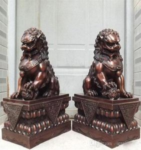 Samlarobjekt 18 Kina Pure Bronze Copper Tutelary Door Guardian Fu Foo Dog Lion Statyer Par 235i1391580