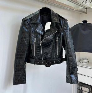 Women's Jackets Women Crocodile Pattern Jacket Long Sleeve Fahsion Leather Black Clothes High Quality Brand Designer