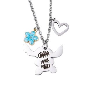 Pendanthalsband Harong Anime Stitch Necklace Ohana betyder Family Cartoon Blue Crystal Heart Jewets Gifts for Boys Girls2678