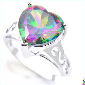 Solitaire Ring Women Wedding Rings Love Heart Fire Mti-Color Rainbow Natural Mystic Topaz Sier Cubic Zirconia Jewelry Drop Delivery Dhylt