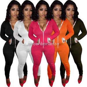 Designer långärmad jumpsuits kvinnor faller vinter huva rompers solid sexiga bodycon jumpsuits casual one bit overall leggings bulk grossistkläder