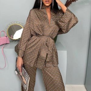 Women's Sleepwear Fashion Print Pajamas Suit Long High Waist Home Set Satin Kimono&pants 2Pcs Pyjamas Flare Sleeve Nightwear Loungewear