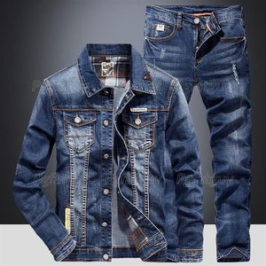 Men's Tracksuits Fashion Slim Sets Spring Autumn Dark Blue Denim Cotton Long Sleeve Jacket Ripped Hole Jeans Couple Two Piece2810