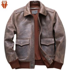 Men's Leather Faux Brown Autumn Vintage A2 Jacket Plus Size 4XL Military Style Natural Thick Cowhide Aviation Genuine Coats 231020