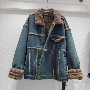 Kvinnors dike rockar faux päls denim lammrock för kvinnor vinter nisch design retro sammet bomullskläder gatajacka