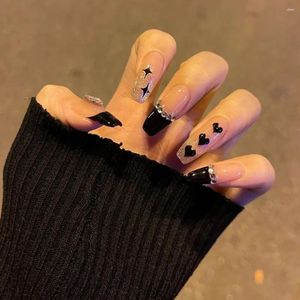 Fałszywe paznokcie moda miłość serce prasa na czarnej francuskiej trumnie fałszywej z designem balerina rhinestone paznokcie manicure manicure