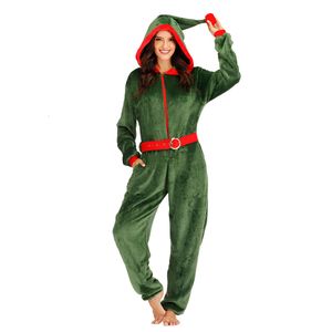Cosplay Eraspooky Damen-Weihnachtskostüm, Weihnachtsmann-Elf-Einteiler mit Kapuze, grünes Fleece, Pamas für Erwachsene, bequemer Reißverschluss-Overall, Cosplay