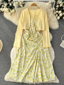 Sukienki zwyczajowe moda 2 -częściowa sukienka kobiety solidne z długim rękawem Tops Tunecled Floral Summer Letni stroje 2023 Vestidos de Mujer