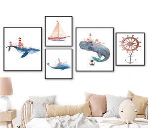 Gemälde Wal Segelboot Leuchtturm Nautische Meer Cartoons Wandkunst Leinwand Malerei Nordic Poster und Drucke Bilder Kinderzimmer De7471275
