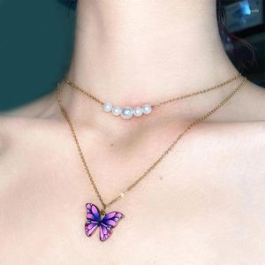 Collane con ciondolo Collana a farfalla per donne ragazze coreano doppio strato perla catena clavicola dichiarazione gioielli catene al collo regalo Dropship