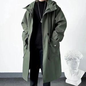 Spring Autumn Army Green Windbreaker Fashion Men's Mid-Längd Casual Hooded Coat Streetwear Mens Daily High Street Overrock Male Clothes