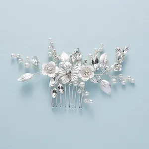 Hair Clips Silver Color Rhinestone Bridal Comb Handmade Pearl Alloy Flowers And Leaves Women Wedding Dress Accessories