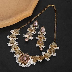 Collana e orecchini set moda vintage geometrica goccia d'acqua 2 pezzi di lusso in cristallo rosa per banchetti di nozze gioielli regalo di compleanno