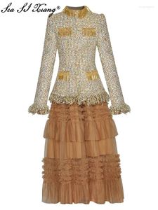 ワークドレスSeasixiang Fashion Designer Autumn Suit Women Tassel Plaid Tweed Stand Collar Jacket Elastic Waist Mesh Skirt 2ピースセット