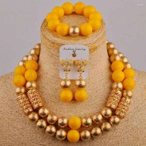 Necklace Earrings Set African Women Wedding Jewelry Yellow Glass Pearl Nigerian Bride Dress Accessories SH-148