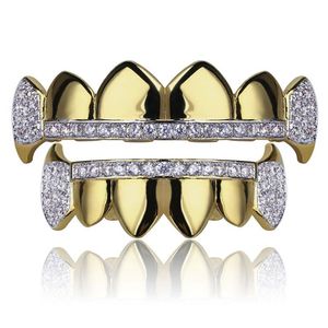 18K Real Gold Teeth Grillz Caps Iced Out Top & Bottom Vampire Fangs Dental Grill Set Whole287c