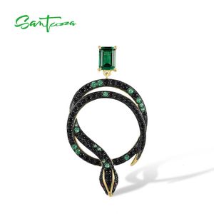 Ожерелья-подвески SANTUZZA Настоящее серебро 925 пробы для женщин Сверкающая черная зеленая шпинель Симпатичная змея-сафари Животное Мода Изящные ювелирные изделия 231020