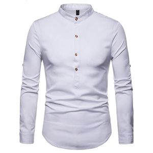 Rullad ärmskjorta män 2021 Autumn Stand Collar Mens Dress Shirts Chemise Homme Henry Tops Camiseta Men's Casual312U