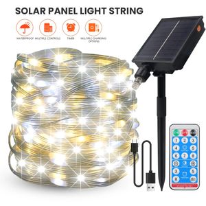 Decorações de Natal 20m 200LEDs USB Solar LED String Light com remoto Dual Color Branco Quente Luzes Brancas À Prova D 'Água Fada Garland 24V 231019