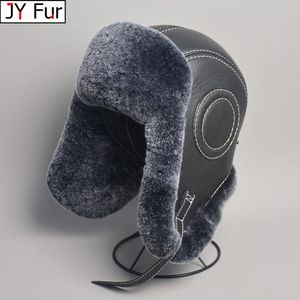 Czapki czapki/czaszki Winter Men's 100% Rex Rabbit Futra Bomber Hat Ushanka Cap Trapper Rosyjski mężczyzna Hats Caps PRAWDZIWA skóra owczarek 231020