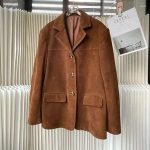 Giacca in vera pelle da donna 2023 Autunno e inverno Pelle di pecora scamosciata Piccolo risvolto Abito stile Maillard monopetto