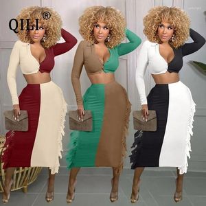 Work Dresses QILI Knitted Patchwork Two Piece Set Long Sleeve Crop Top Bodycon Midi Skirts Women Y2k Clothes Sexy Club Matching Outfits