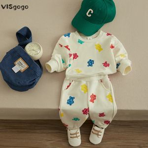 Clothing Sets VISgogo Baby Boys Girls Clothes Spring Fall Set Cute Bear Print Long Sleeve Sweatshirt with Elastic Waist Sweatpants 2PCS 231020