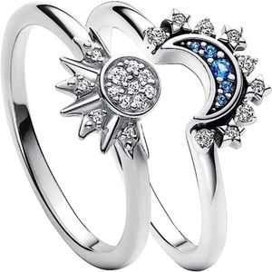 Кольцо-пасьянс 2023 In Summe, кольца для пар, синие сверкающие луна и солнце для женщин, штабелируемое кольцо на палец, обручальные украшения 231019