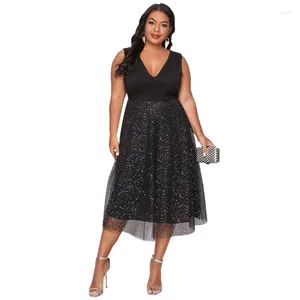 Plus Size Dresses Women's V Neck Sleeveless Contrast Mesh Evening Midi Dress Sexy Birthday 2023 Tulle Women Going Out Outfit