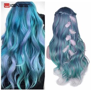 Syntetiska peruker Wignee Long Wavy Syntetiska peruker Värmebeständig Middle Part Mix Blue Cosplay Hair for Women African American Natural Party 230227