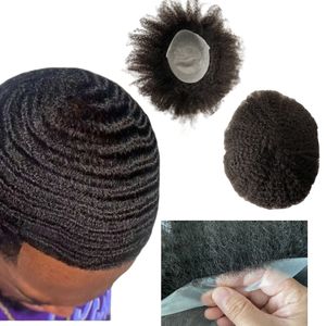 Raiz 6mm unidade de onda afro # 1b preto indiano virgem substituição do cabelo humano 8x10 nós da pele peruca do plutônio para homens negros