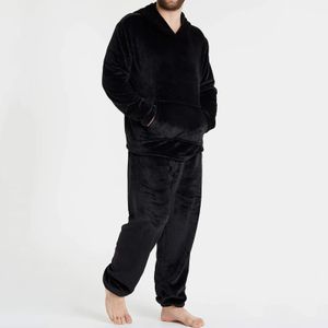 Мужская одежда для сна Мужская зимняя флисовая теплая пижамный комплект Мягкий домашний сплошной цвет Карманы Пуловер с капюшоном Топы и брюки Толстая плюшевая домашняя одежда 231020