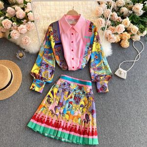 Work Dresses Vintage Luxury Polo Shirt And Skirt Set Women Long Sleeve Single Breasted Print Blouse Ladies Two Piece Top Office Suit