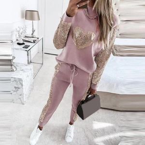 Women's Two Piece Pants Love Sequins Long Sleeved Pullover & Casual Set Autumn Women Fashion Suit Outfits