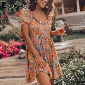 Everkaki Boho Floral Print Mini Dress Women Vestidos Summer Ladies Gypsy Short Dresses Ethnic Casual Spring T200604265i