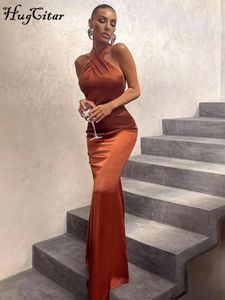 Podstawowe sukienki swobodne Hugcitar Solid Satynowy kantar bez rękawów bez pleców Slimon Bodycon Maxi sukienka jesień zima impreza elegancka strój streetwear 231020