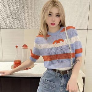 Summer Girls designer womens knitted Embroidery t shirt high-end translucent lace sexy women's short sleeve short long Hollow out color contrast luxury fashion tees