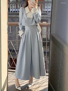Arbetsklänningar Autumn Elegant 2 Piece Dress Set Women Slim Vintage Party Office Lady Korean Suit Långärmad skörd Toppar Casual Midi kjol 2023