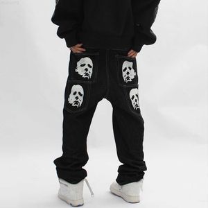 Jeans masculinos michael myers baggy homem trendyol homens esqueleto calças y2k impressão hip hop oversize vintage streetwear perna larga largura