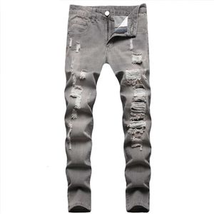 Designer perforowane swobodne szare dżinsy dla mężczyzn regularne średnie podnośne spodni