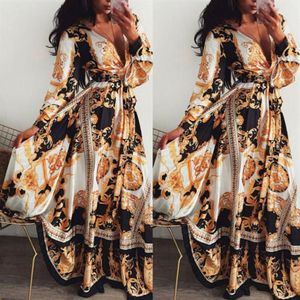 2019 Donne Boho Wrap Summer Lond Dress Holiday Maxi Loose Sundress Stampa floreale Scollo a V Manica lunga Abiti eleganti Cocktail Party277L